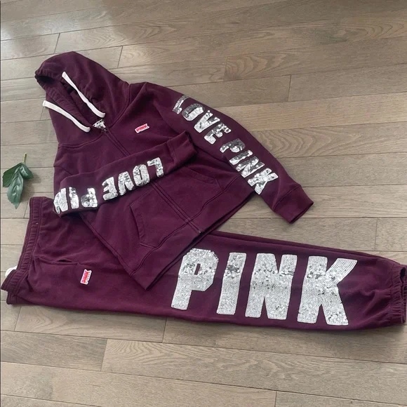 Pink Maroon Hoodie & Sweatpants Set - 'Love Pink’ With Sequence & Logo, Small/Xs - Picture 3 of 14